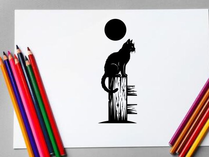 Silhouette of a cat sitting on a wooden post under a full moon