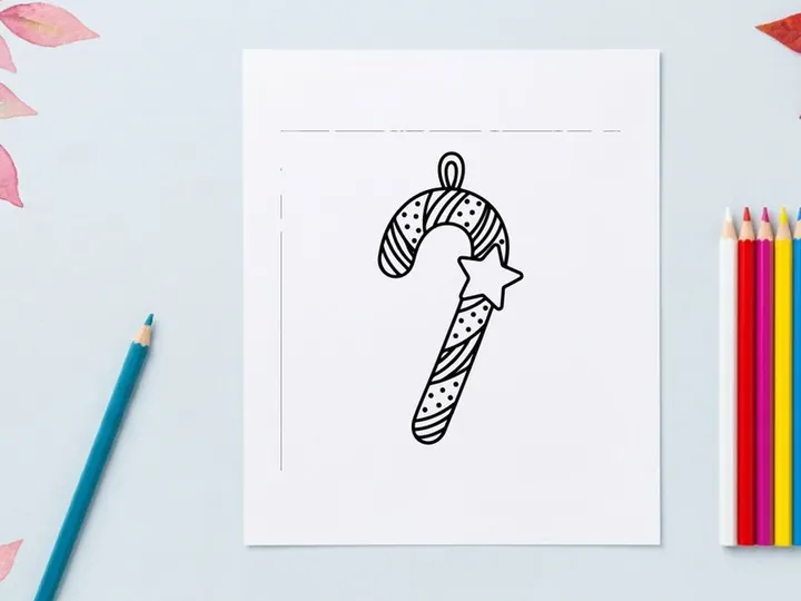 Christmas candy cane ornament with star, black and white line art vector illustration.