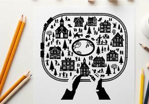 Winter village scene silhouette on a white background with hands holding edge