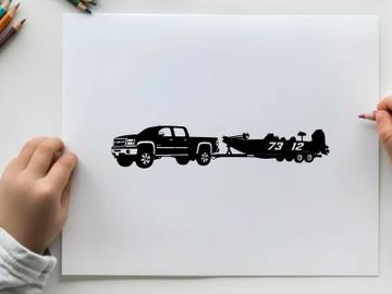 Silhouette of a pickup truck towing a racing boat preview picture