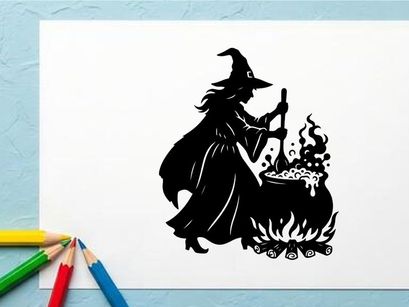Witch Brewing Potion in Cauldron with Fire and Smoke