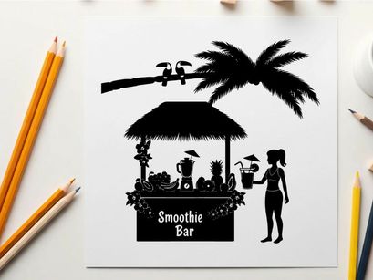 Silhouette of a woman at a tropical smoothie bar with palm tree