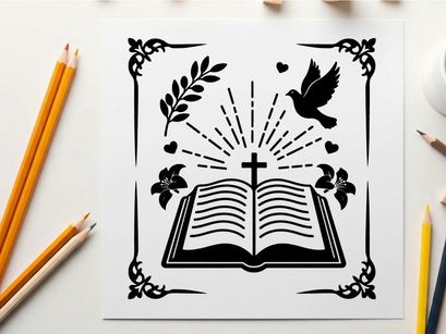 Silhouette of bible cross dove and leaves religious symbol