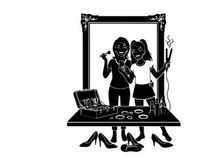Two women admiring themselves in a large ornate mirror silhouette