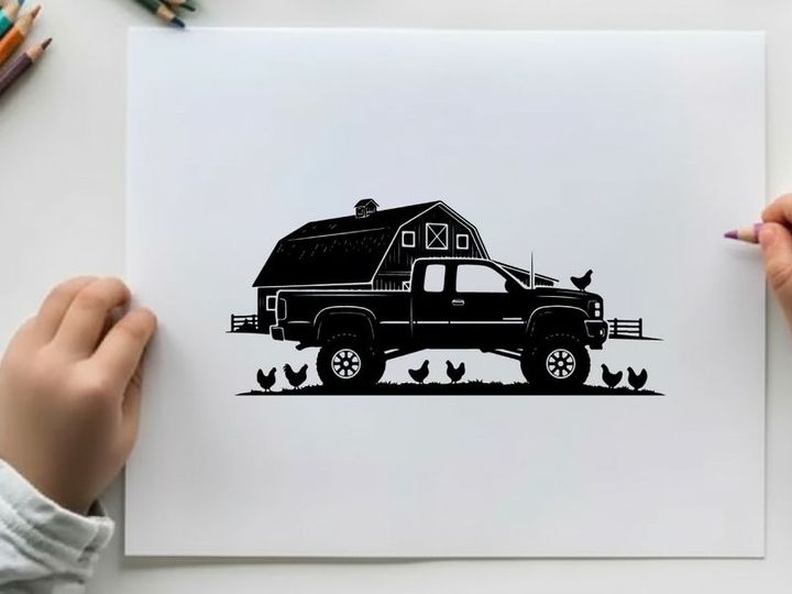 Silhouette of a pickup truck and barn with chickens