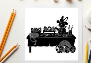 Silhouette of a mouse selling goods at a market stall