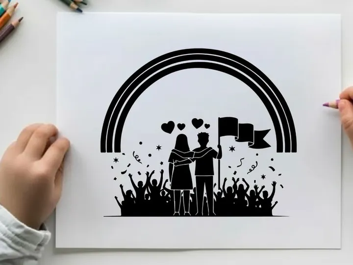Lgbtq pride celebration silhouette with rainbow and crowd