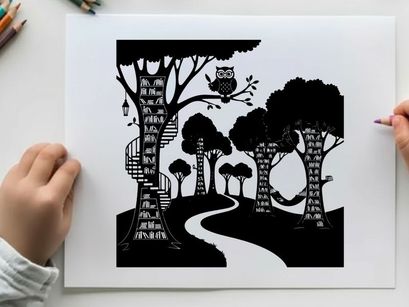 Whimsical forest scene with treehouse silhouette and winding path