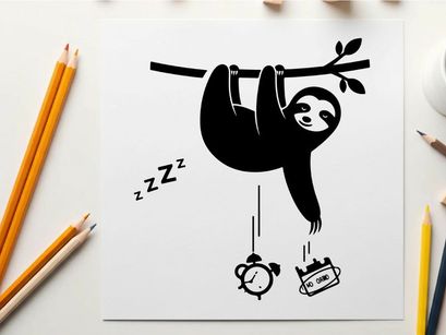 Sloth silhouette hanging from branch asleep next to alarm clock