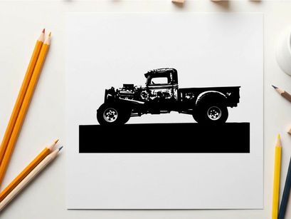 Silhouette of a classic pickup truck against a city skyline silhouette