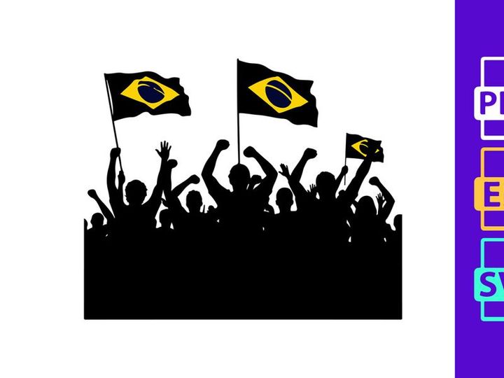 Brazilian flags waving in celebration with a crowd of people