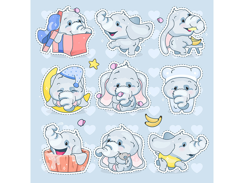 Cute elephants kawaii cartoon vector characters set