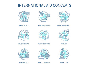 International aid turquoise concept icons set preview picture