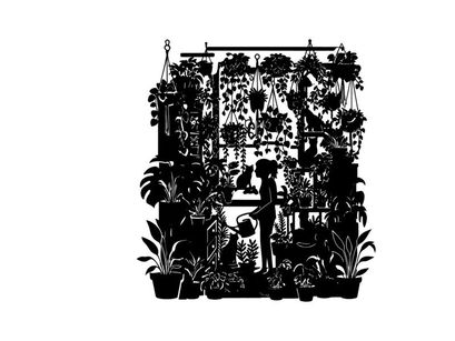 Silhouette of a woman and child in a lush plant greenhouse