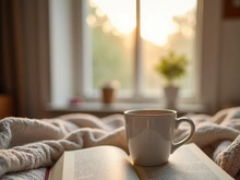 An open book lies on a cozy blanket with a mug resting on top.