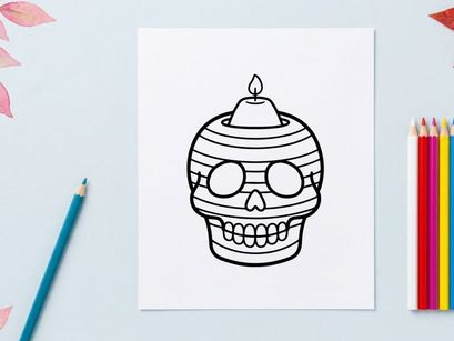 Hand-drawn sugar skull with lit candle for Day of the Dead celebration. Cartoon-style calavera face illustration for Halloween and festive decor.