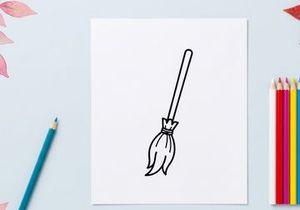 Hexenbesen-Symbol auf weißem Hintergrund. Halloween-Zauberbesen-Linienkunst-Illustration.