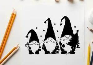 Three gnomes in silhouette with stars and christmas tree