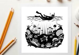 Silhouette of scuba diver exploring coral reef with marine life