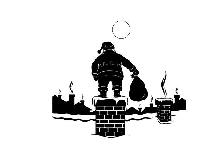 Santa claus silhouette on a snowy rooftop with a sack