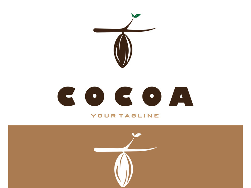 cocoa logo,cocoa bean,cocoa tree,cocoa branches and leaves,chocolate mix on white background,vintage,modern,simple,minimalist icon illustration template design vector