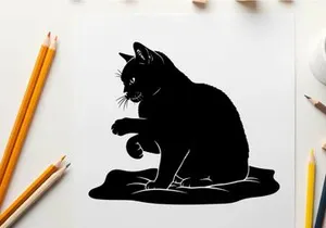 Black cat silhouette sitting on a rug