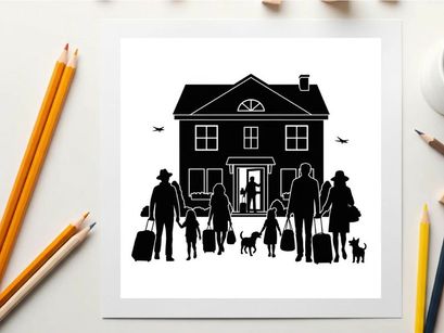 Family in silhouette standing outside a house with luggage