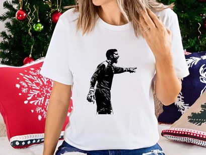 A black and white illustration of a man pointing to the right with his arm outstretched