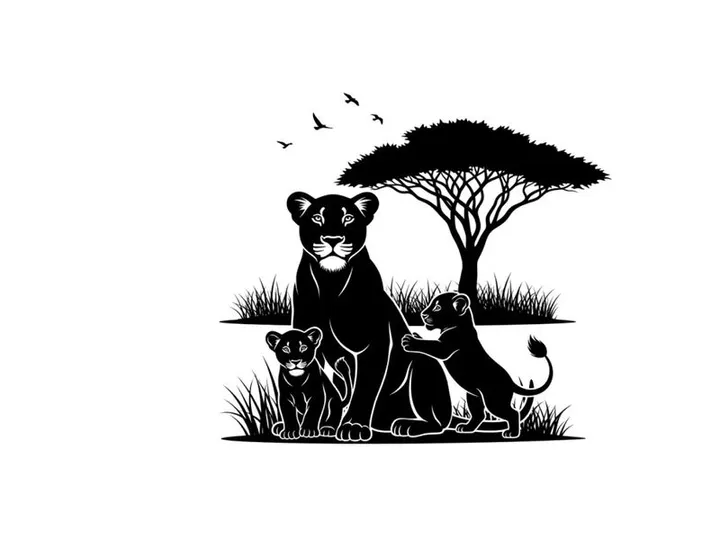 Lioness and cubs silhouette in savannah landscape with acacia tree