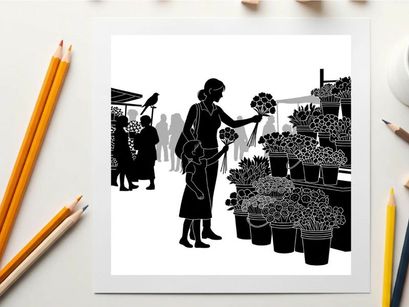 Silhouette of woman shopping for flowers at outdoor market