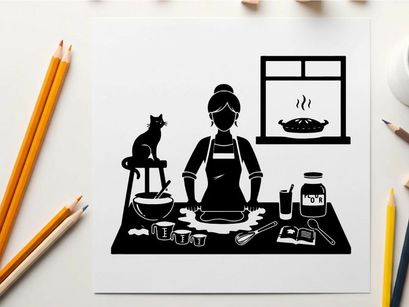 Silhouette of woman baking with cat in kitchen