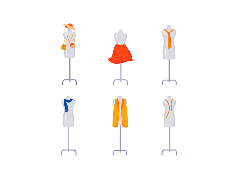 Mannequins with apparel flat color vector object set