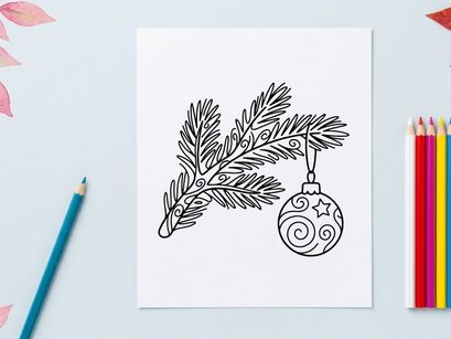 Christmas tree branch with hanging decorative bauble ornament line art illustration.