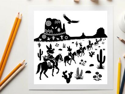 Desert scene with silhouette of cactus horses and rider in southwestern landscape silhouette