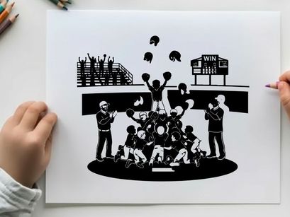 Cheerleading team celebrates victory in silhouette style illustration