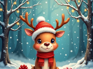 A cartoon reindeer sits in the snow preview picture
