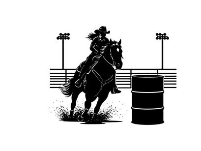 Silhouette of cowboy riding horse around barrel racing silhouette