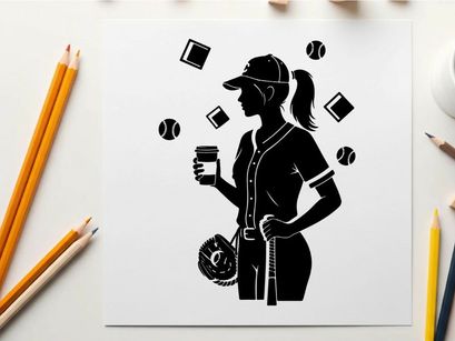 Silhouette of a female baseball player with coffee cup