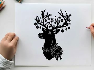 Christmas reindeer silhouette with ornaments and red nose preview picture
