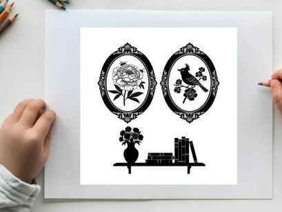 Silhouette of ornate frames with flower bird vase and books