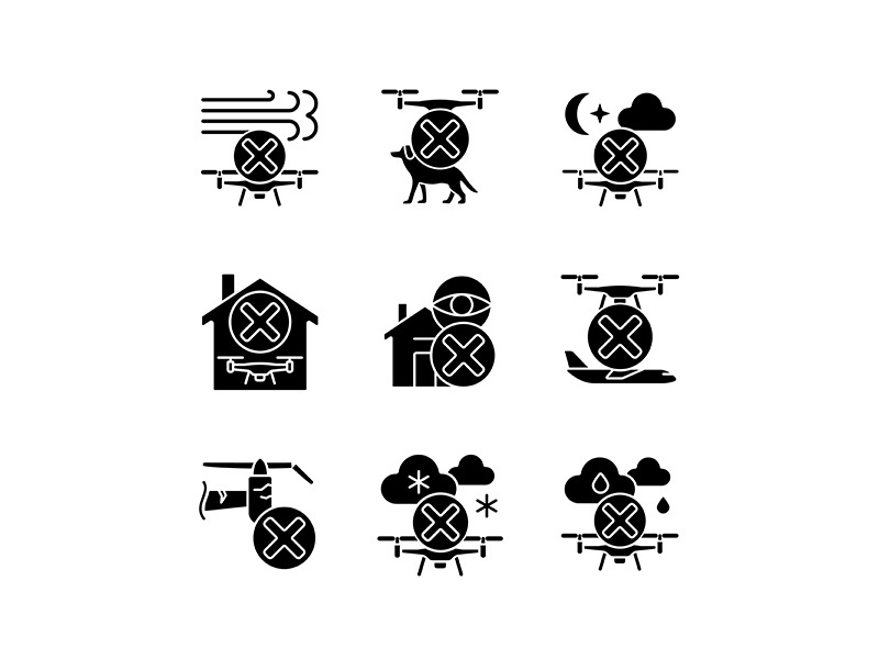 Drone restrictions black glyph manual label icons set on white space