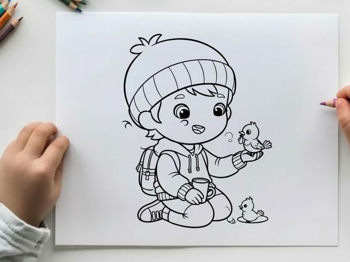 Cute nurse child feeding baby birds vector illustration