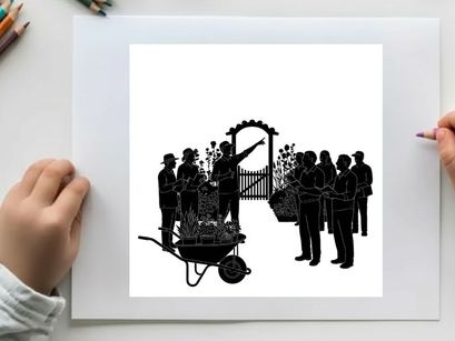 Silhouette of a group gathered around a hearse at a cemetery gate