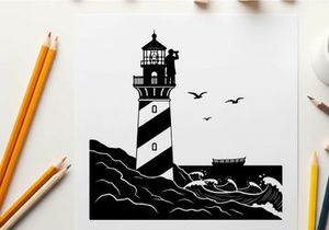 Black and white lighthouse silhouette on a stormy sea with birds flying