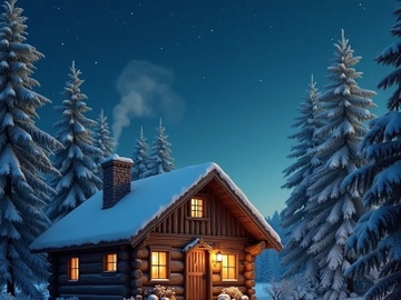 A cozy, rustic cabin is nestled in a snowy forest under a starry sky. preview picture