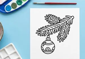 Ilustrasi vektor seni garis cabang pohon Natal dengan hiasan gantung ornamen