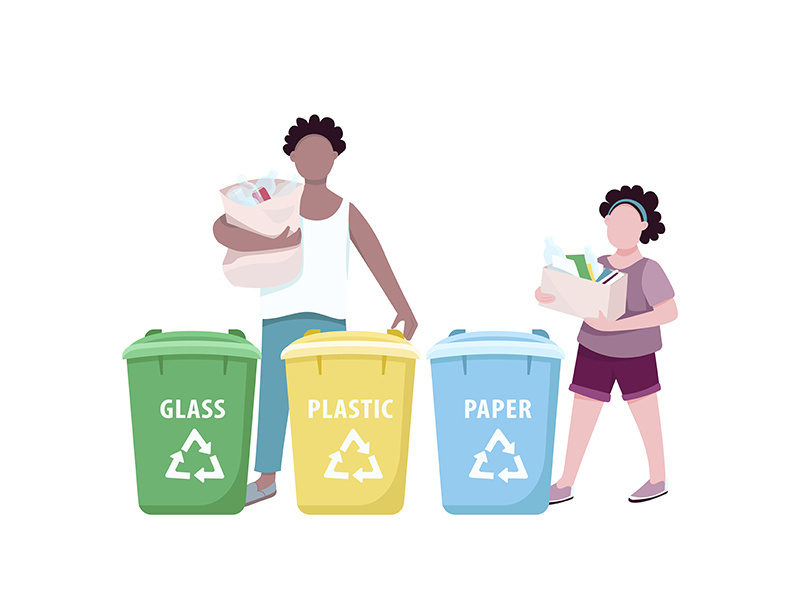 People sorting trash flat color vector faceless characters