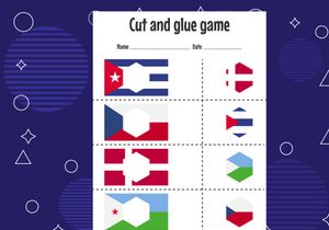 12 Pages Cut and glue game for kids with country flag. Cutting practice for preschoolers. Education paper game for children