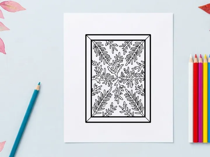 Christmas pine branch line art illustration in a rectangular frame for holiday design