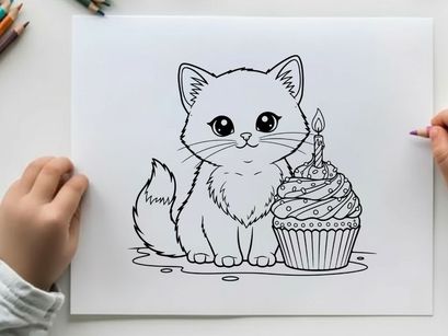 Cute white kitten with birthday cupcake vector illustration
